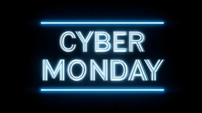 Leuchtendes Cyber Monday Neon-Schild auf dunklem Hintergrund