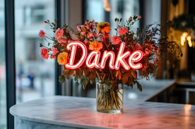 Leuchtendes Danke-Schild mit frischen Blumen auf Marmortisch