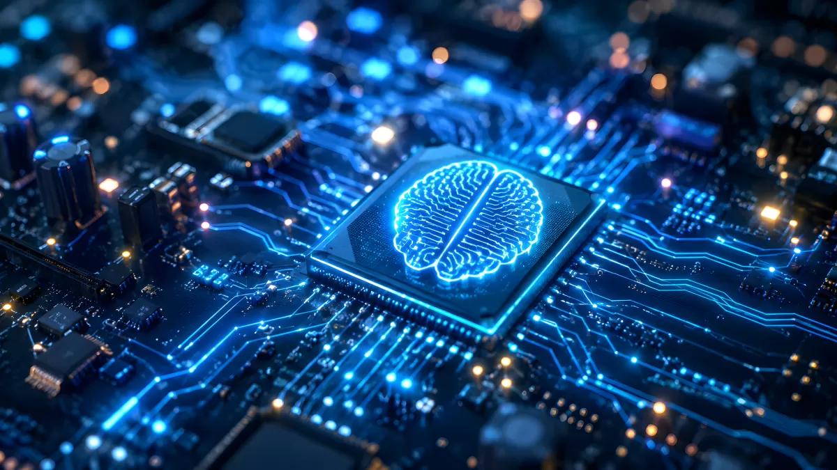 Leuchtendes Gehirn auf KI-Prozessor einer Platine