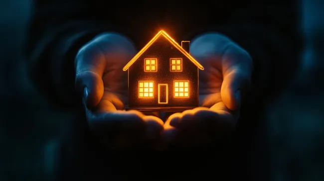 Leuchtendes Hausmodell in Händen - Immobilien-Eigentumskonzept
