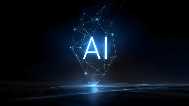 Leuchtendes KI-Symbol in digitaler Struktur