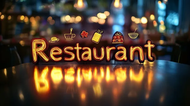 Leuchtendes Neon-Restaurantschild mit Kulinarischen Symbolen