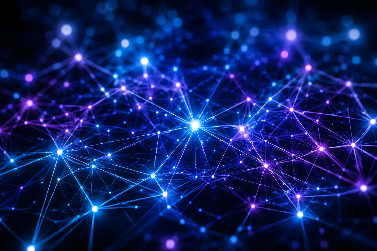 Leuchtendes Netzwerk aus Knotenpunkten in Blau und Lila