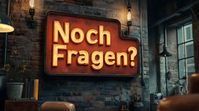 Leuchtendes 'Noch Fragen?' Schild in rustikaler Industrieoptik