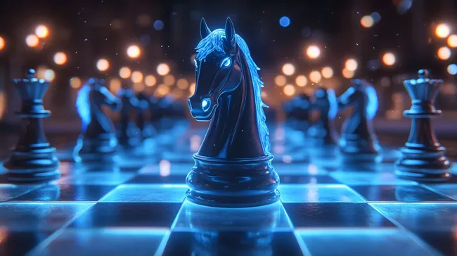 Leuchtendes Schachfigur-Pferd auf dunklem Schachbrett