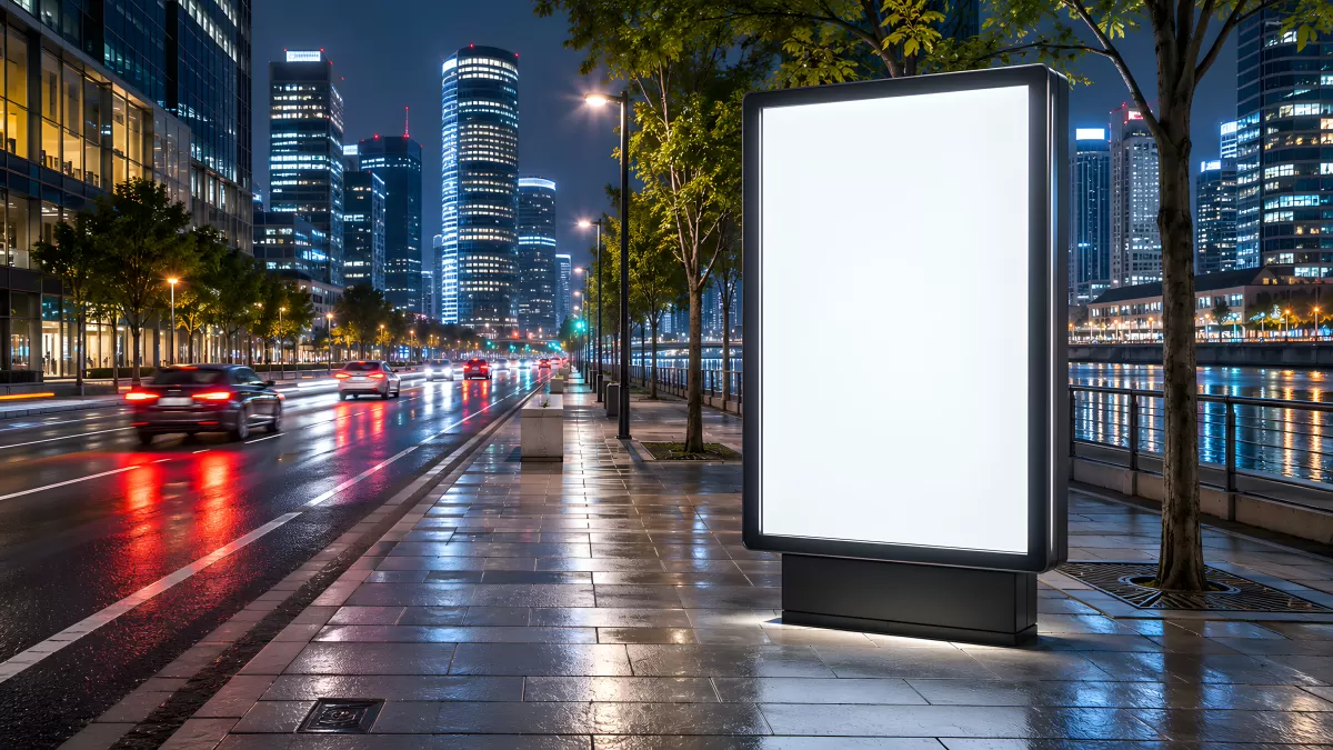 Leuchtendes Werbedisplay an belebter Stadtstraße bei Nacht