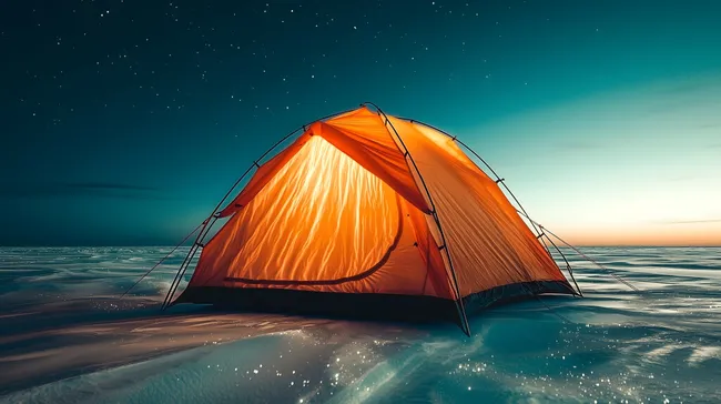 Leuchtendes Zelt am Strand unter Sternenhimmel