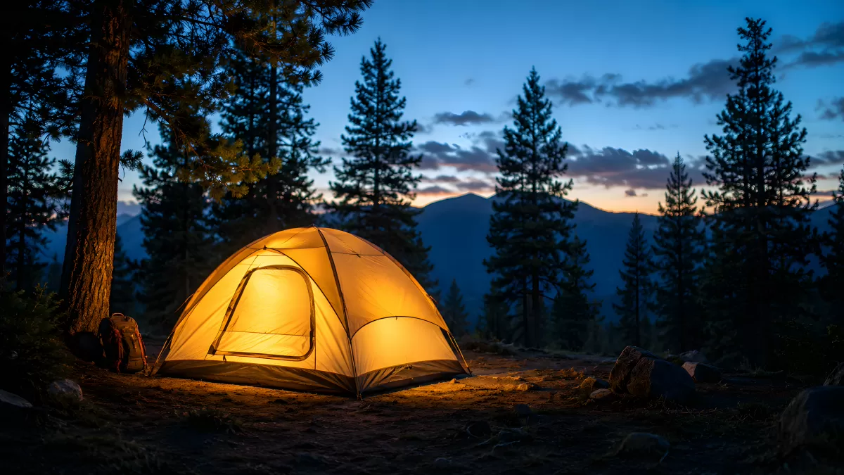 Leuchtendes Zelt im Bergwald bei Abenddämmerung