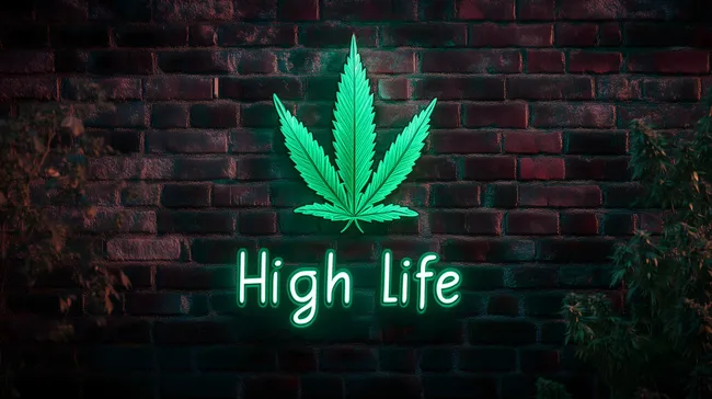 Leuchtschild mit Hanfblatt auf dunkler Backsteinwand