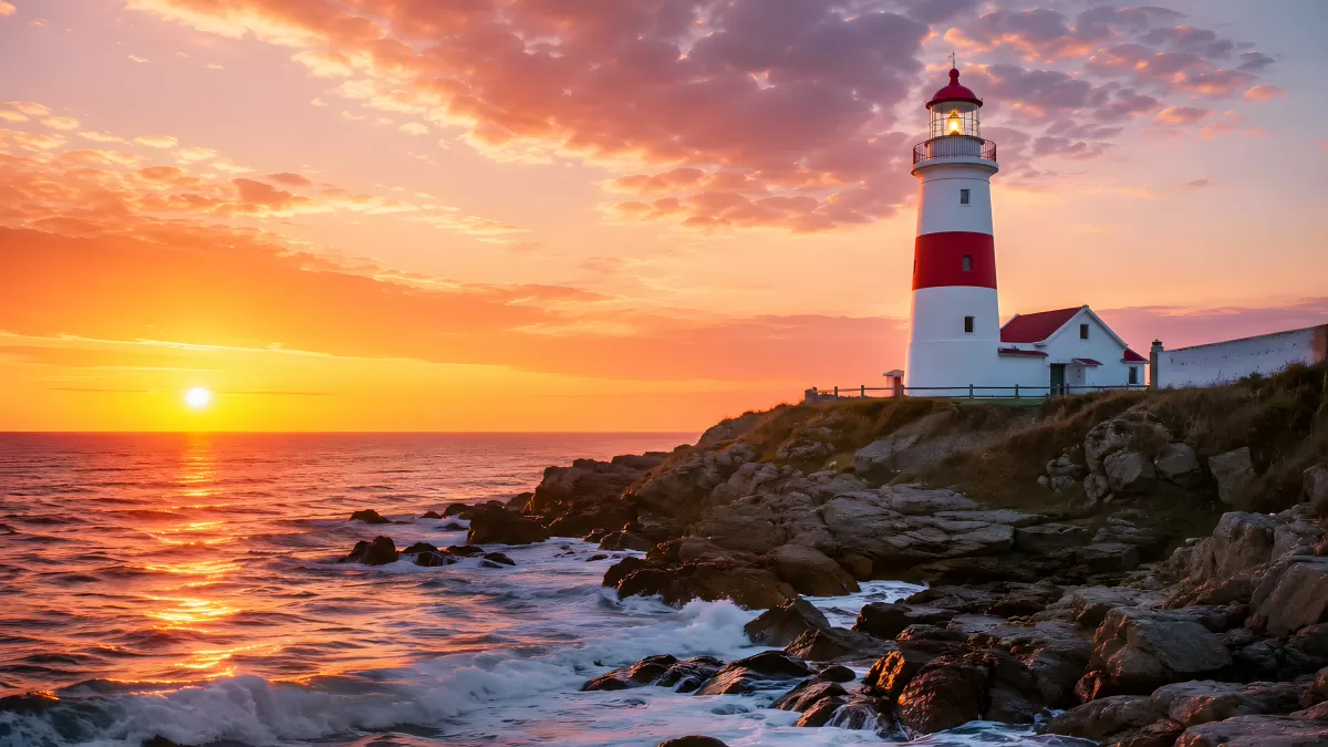 Leuchtturm an felsiger Küste bei leuchtendem Sonnenuntergang