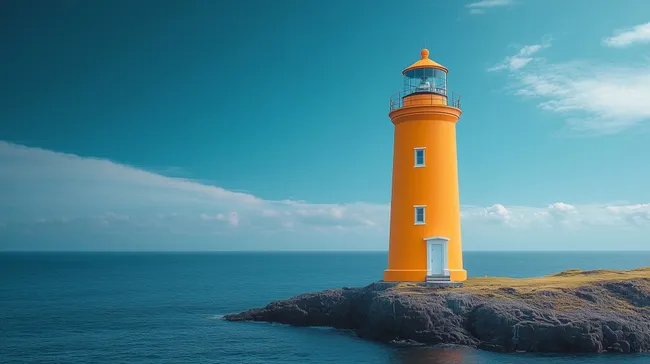 Leuchtturm an felsiger Küste vor tiefblauem Horizont