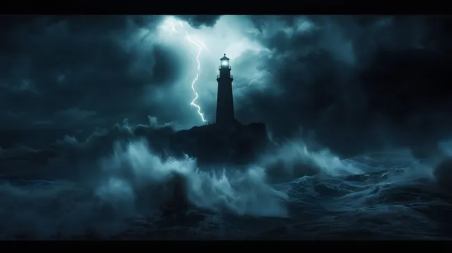 Leuchtturm im dramatischen Sturm mit Blitzen