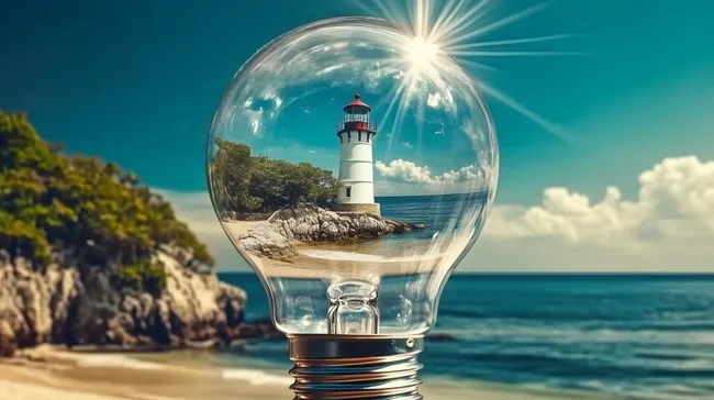 Leuchtturm in Glühbirne am traumhaften Strand