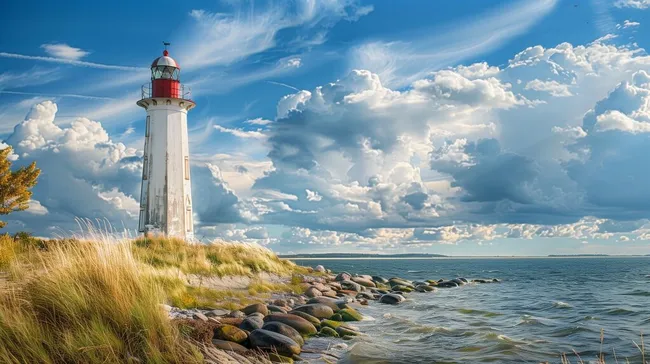 Leuchtturmaussicht an der Küste mit dramatischem Himmel