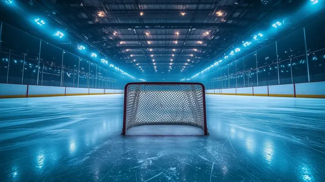Lichtdurchflutete Eishockeyhalle mit Tor