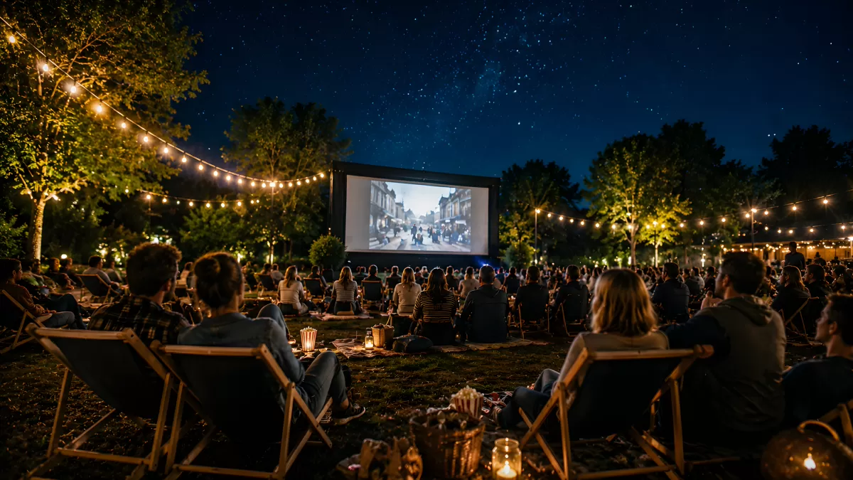 Lichterketten-Open-Air-Kino unter Sternenhimmel