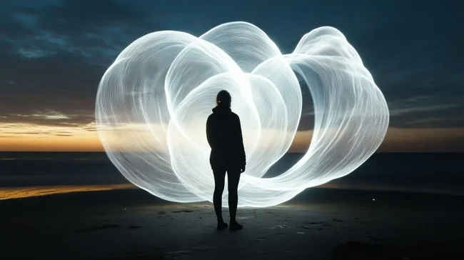 Lichtkunst-Installation am Strand im Sonnenuntergang kostenlos herunterladen