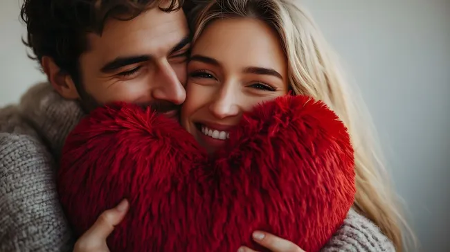 Liebendes Paar umarmt sich mit rotem Herzkissen