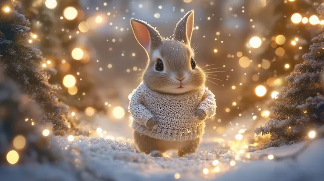 Liebenswertes Kaninchen im Wintermantel in Schneelandschaft