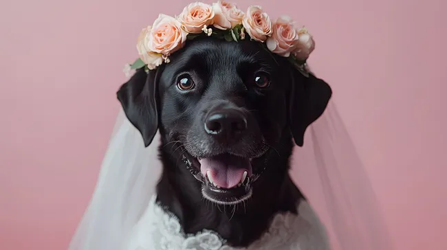 Liebenswürdiger Hochzeitshund mit Blumenkranz
