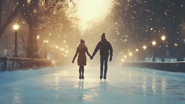 Liebespaar beim Eislaufen in verschneiter Winterlandschaft