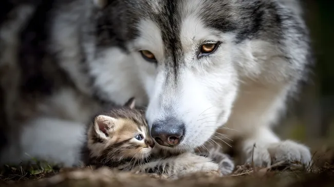 Liebevolle Begegnung zwischen Husky und Kätzchen
