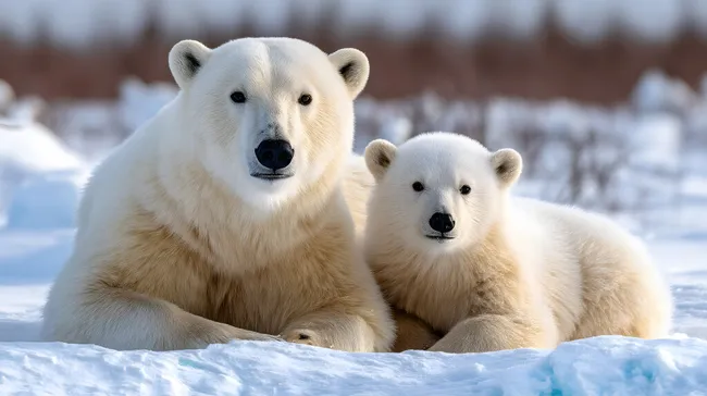 Liebevolle Eisbärenmutter mit ihrem Jungen im Schnee