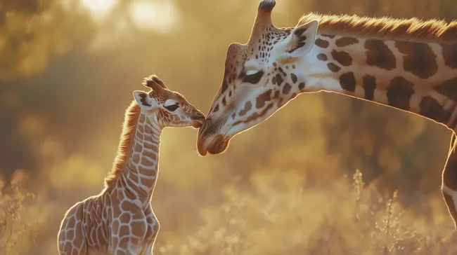 Liebevolle Giraffen-Mutter und ihr Junges bei Sonnenuntergang