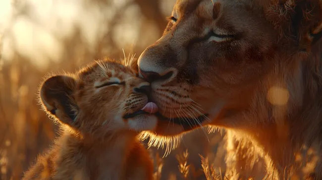 Liebevolle Löwenmutter kuschelt mit ihrem Jungtier im warmen Licht