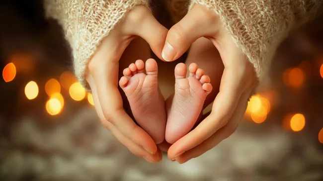 Liebevolle Mutterhände umarmen Babyfüßchen