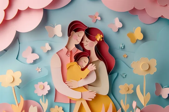 Liebevolle Mutterumarmung in blühender Papierlandschaft