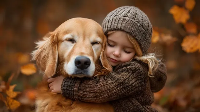 Liebevolle Umarmung zwischen Mädchen und Hund im Herbstlaub