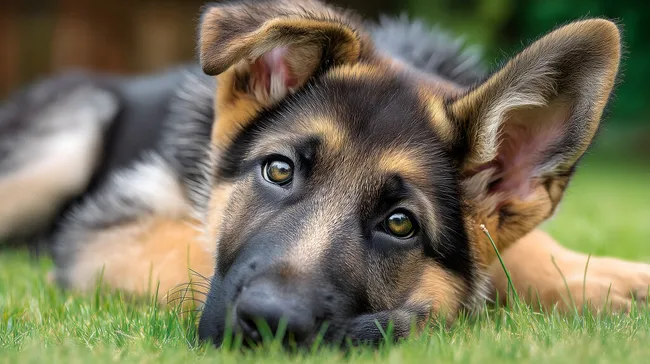 Liebevoller Blick des Schäferhundwelpens auf der Wiese