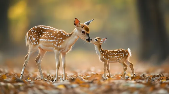 Liebevoller Moment zwischen Rehkitz und Mutter im Herbstwald