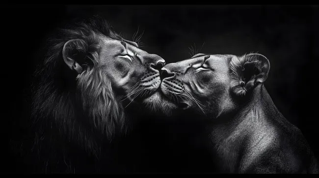 Liebevolles Löwenpaar in schwarz-weiß