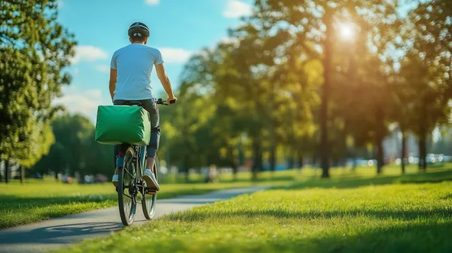 Lieferbote auf dem Fahrrad in grüner Tasche