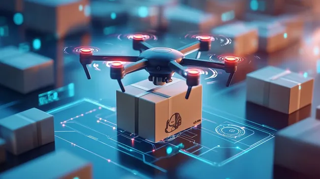 Lieferdrohne übergibt Paket auf digitaler Plattform