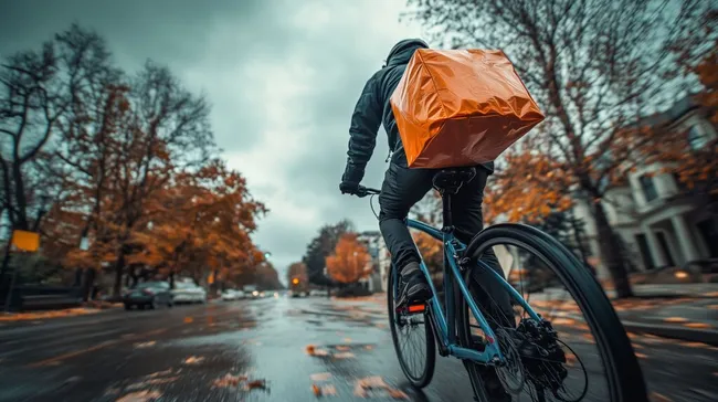 Lieferfahrer in orangener Box fährt Fahrrad bei Regenwetter