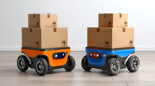 Lieferroboter mit Paketen auf Holzboden in Wohnung