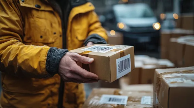 Lieferung bei Regen - Paketbote trägt Paket