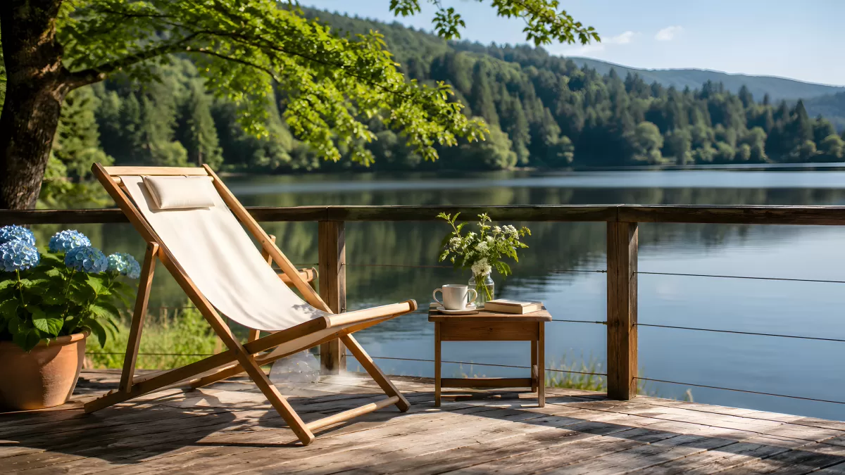 Liegestuhl auf Holzterrasse mit Seeblick im Sommer