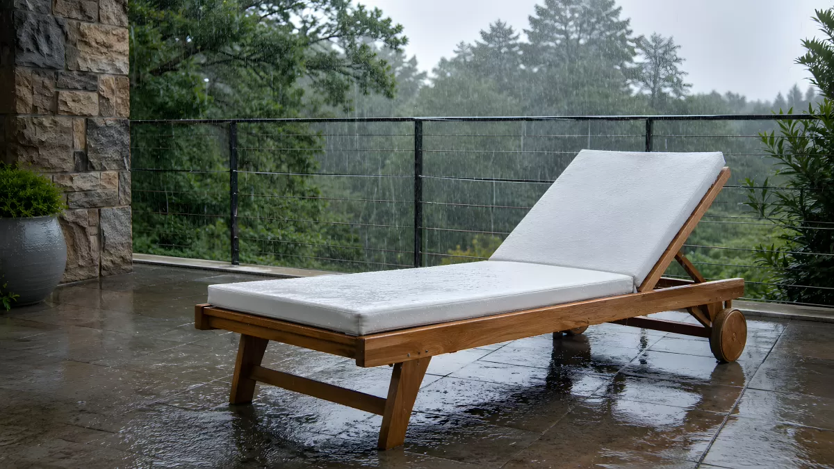 Liegestuhl mit Kissen im strömenden Regen auf Terrasse