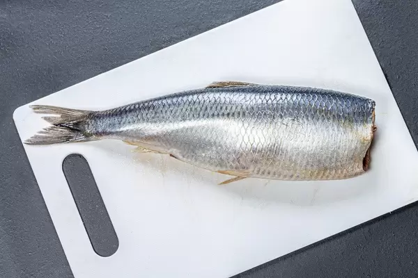 Lightly salted herring on a white kitchen Board. Top view (Flip 2019)