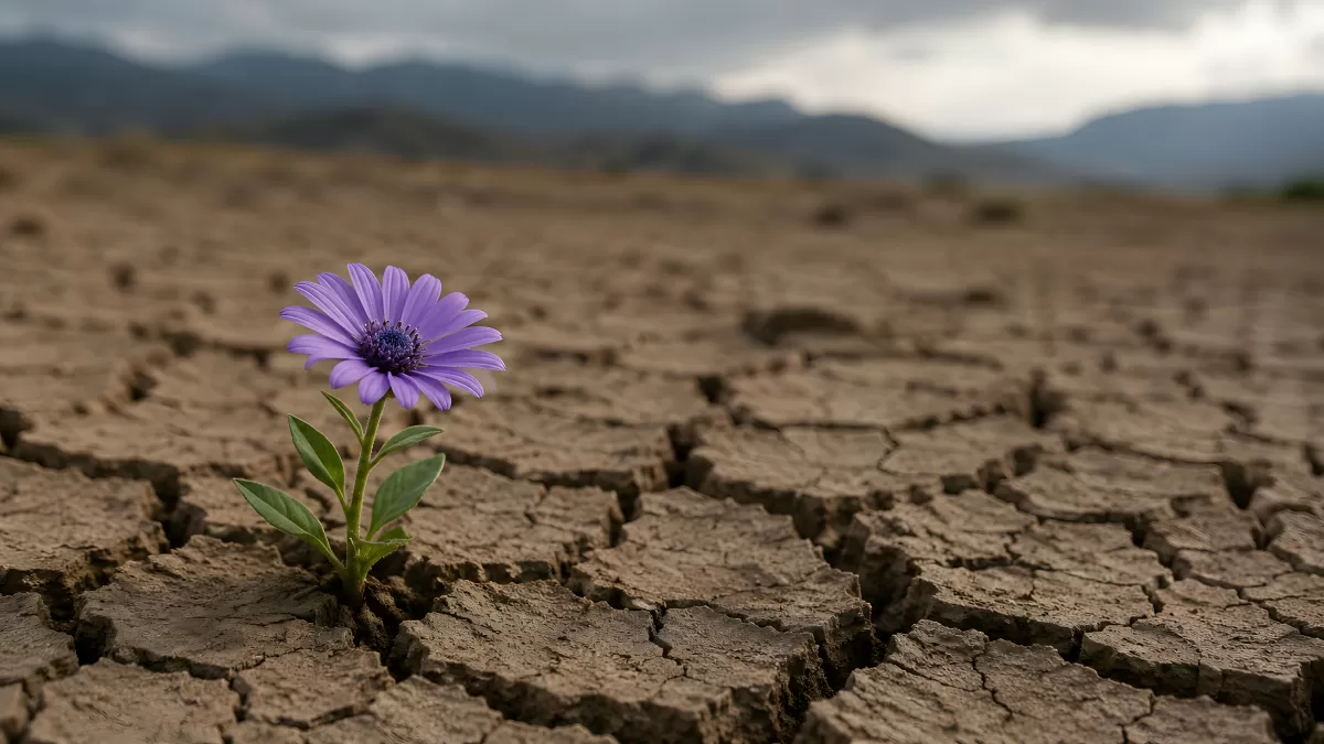 Lila Blume wächst aus rissiger Erde in der Wüste