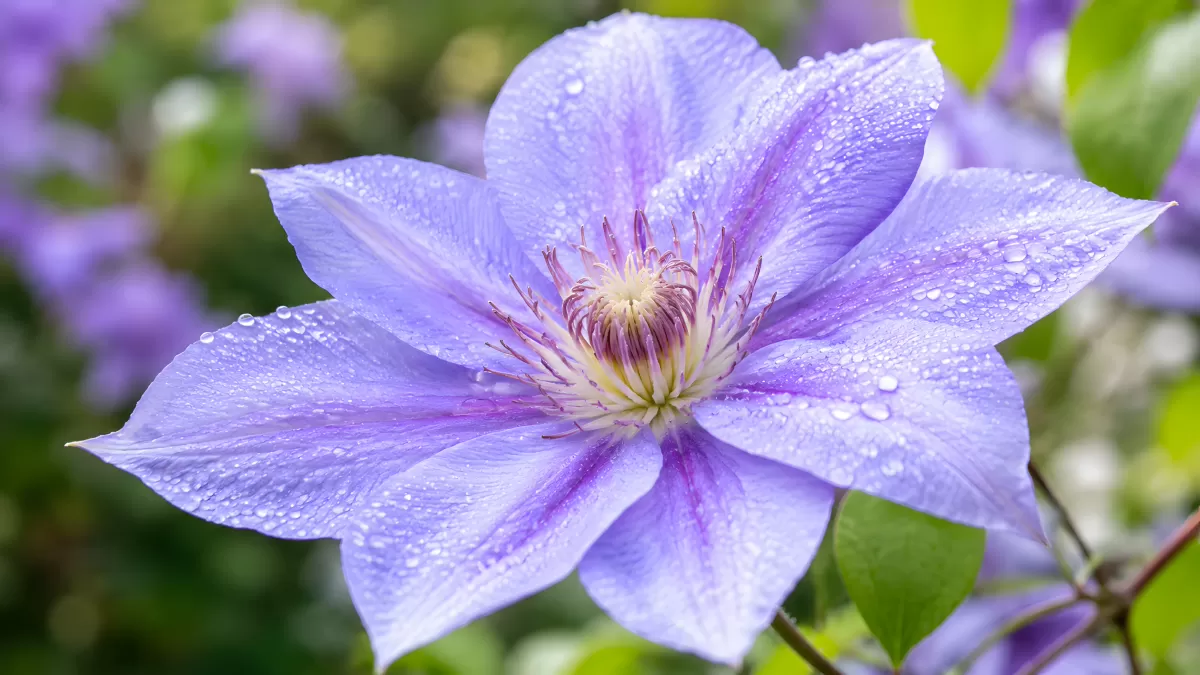 Lila Clematis mit Wassertropfen in Nahaufnahme