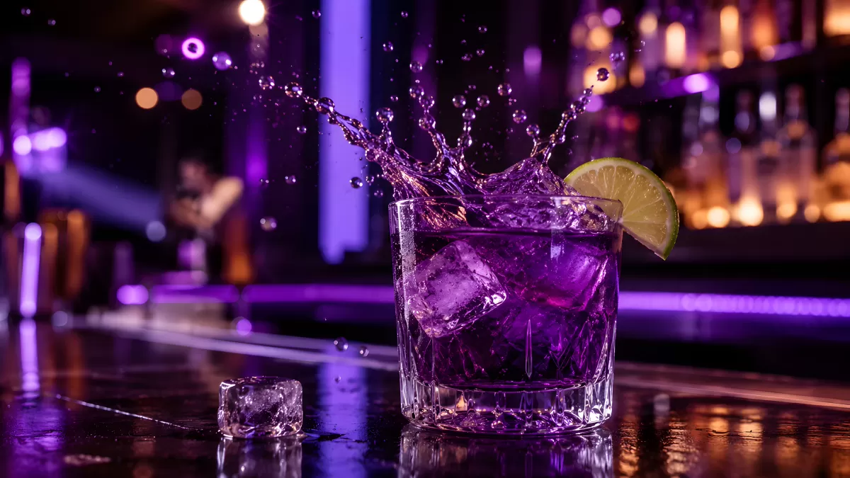 Lila Cocktail mit Eiswürfeln und Limette spritzt hoch