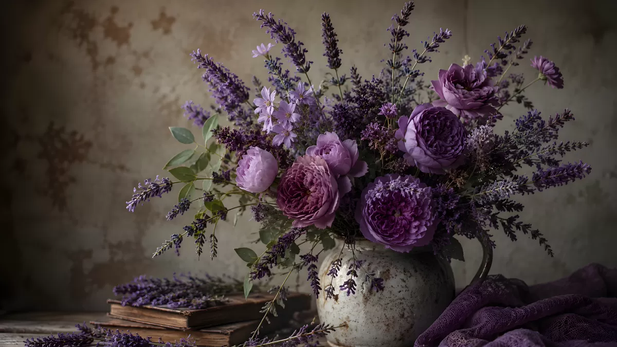 Lila Pfingstrosen und Lavendel in rustikaler Vase