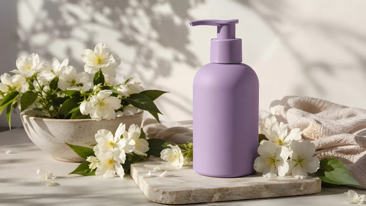 Lila Pumpflasche mit weißen Jasminblüten auf Marmor