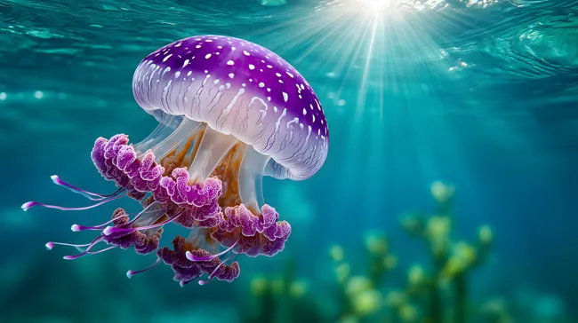 Lila Qualle in türkisfarbenem Meer