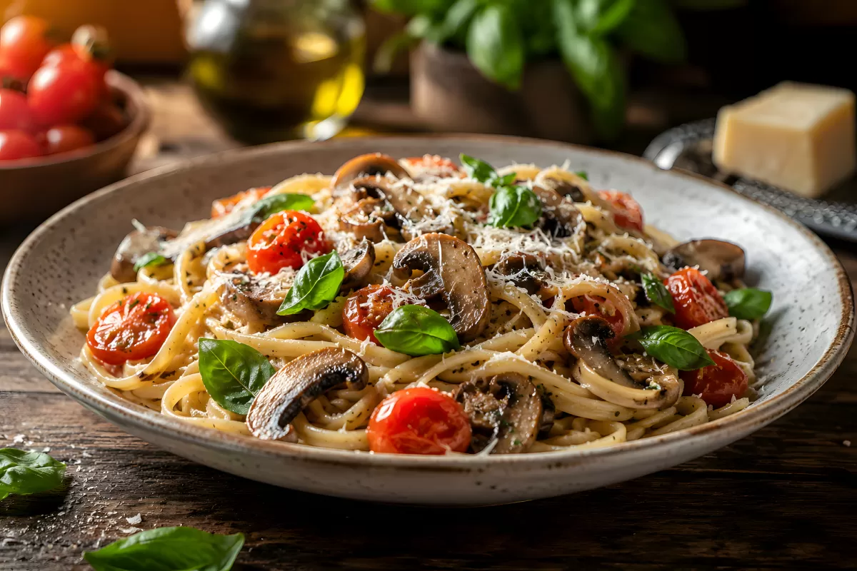 Linguine mit Pilzen, Kirschtomaten und Parmesan
